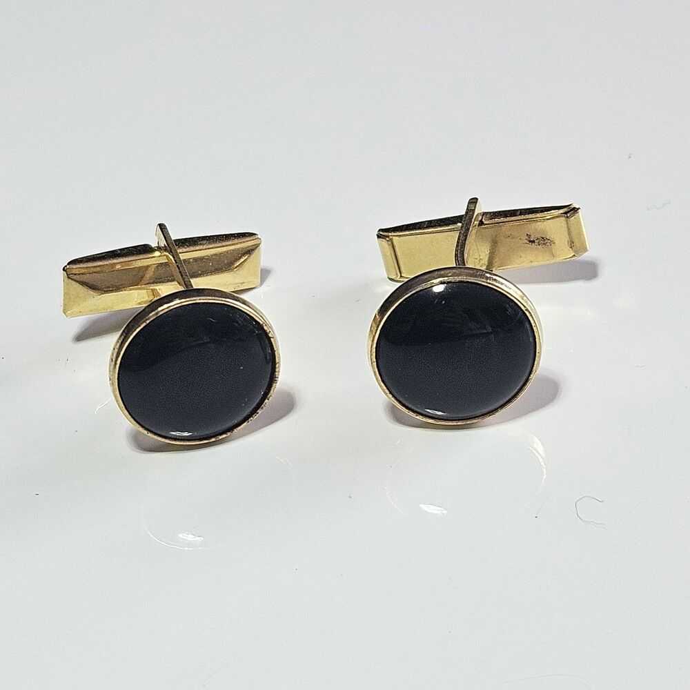 Round Cabochon Pioneer Black & Gold Tone Vintage Cufflinks